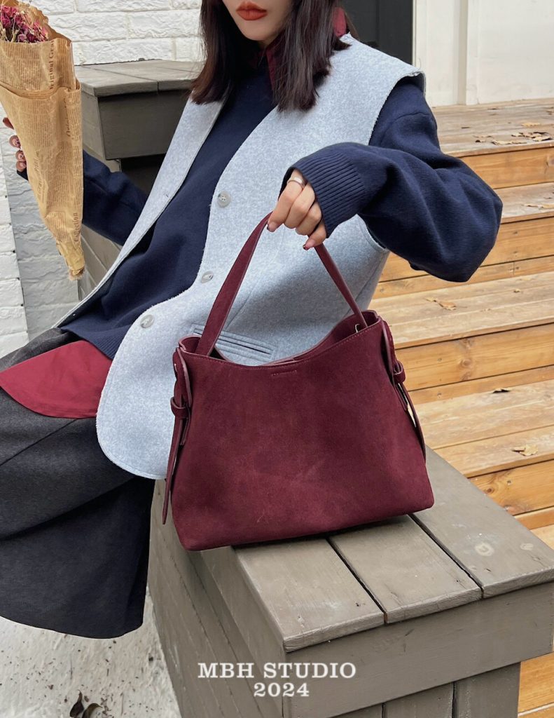MBH Matte Leather Small Commuter Tote Bag with Belt Buckle Shoulder Strap