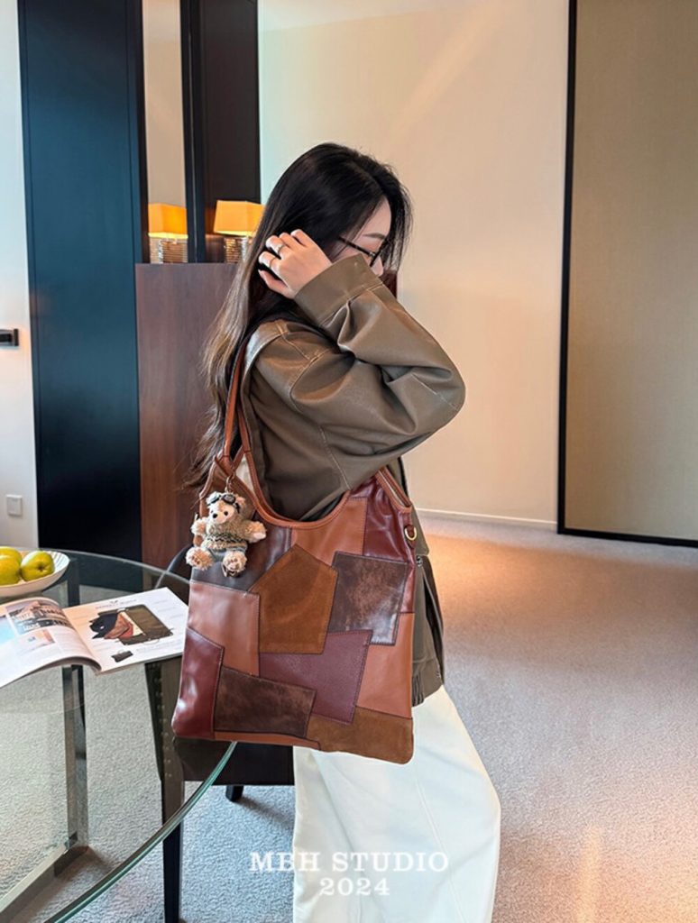MBH Vintage Patch Large Capacity Premium Leather Tote Shoulder Bag