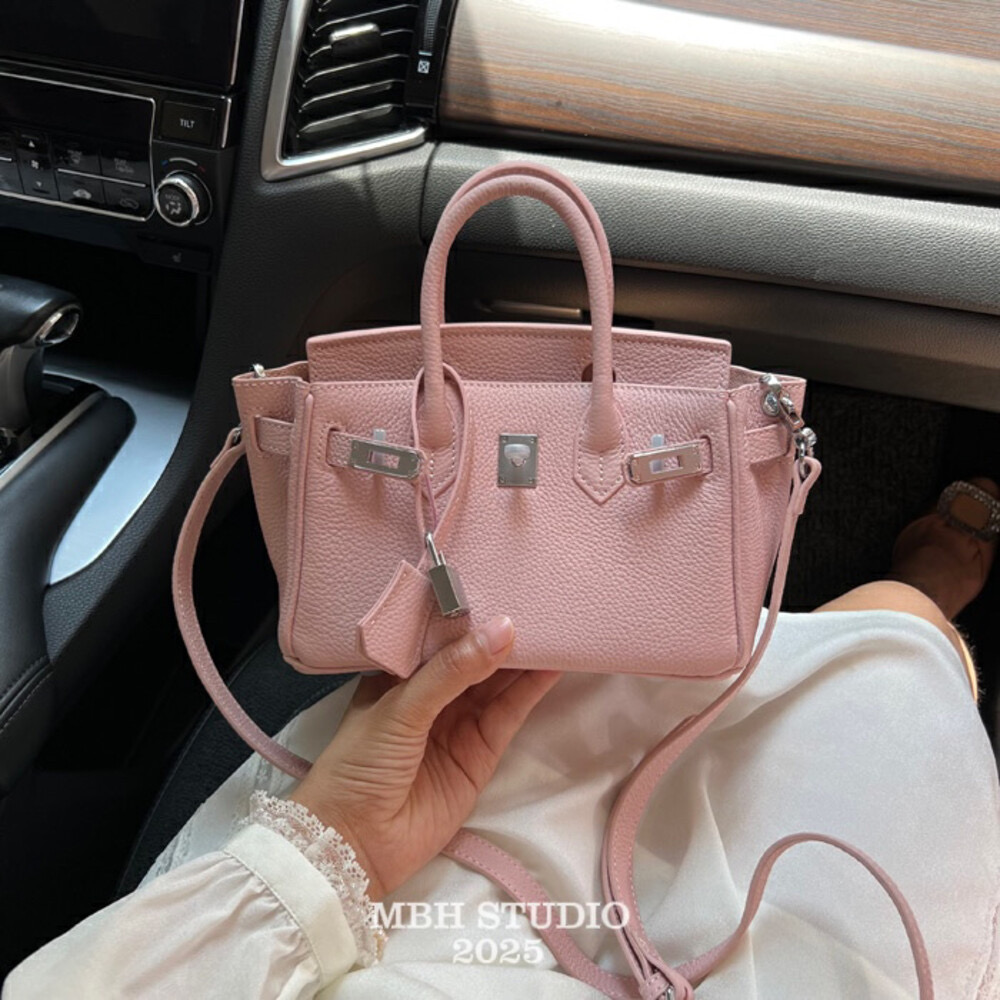 MBH Silver Buckle Lychee Grain Platinum Bag Top Layer Cowhide 20 Inch Mini Crossbody Handbag with Shoulder Strap