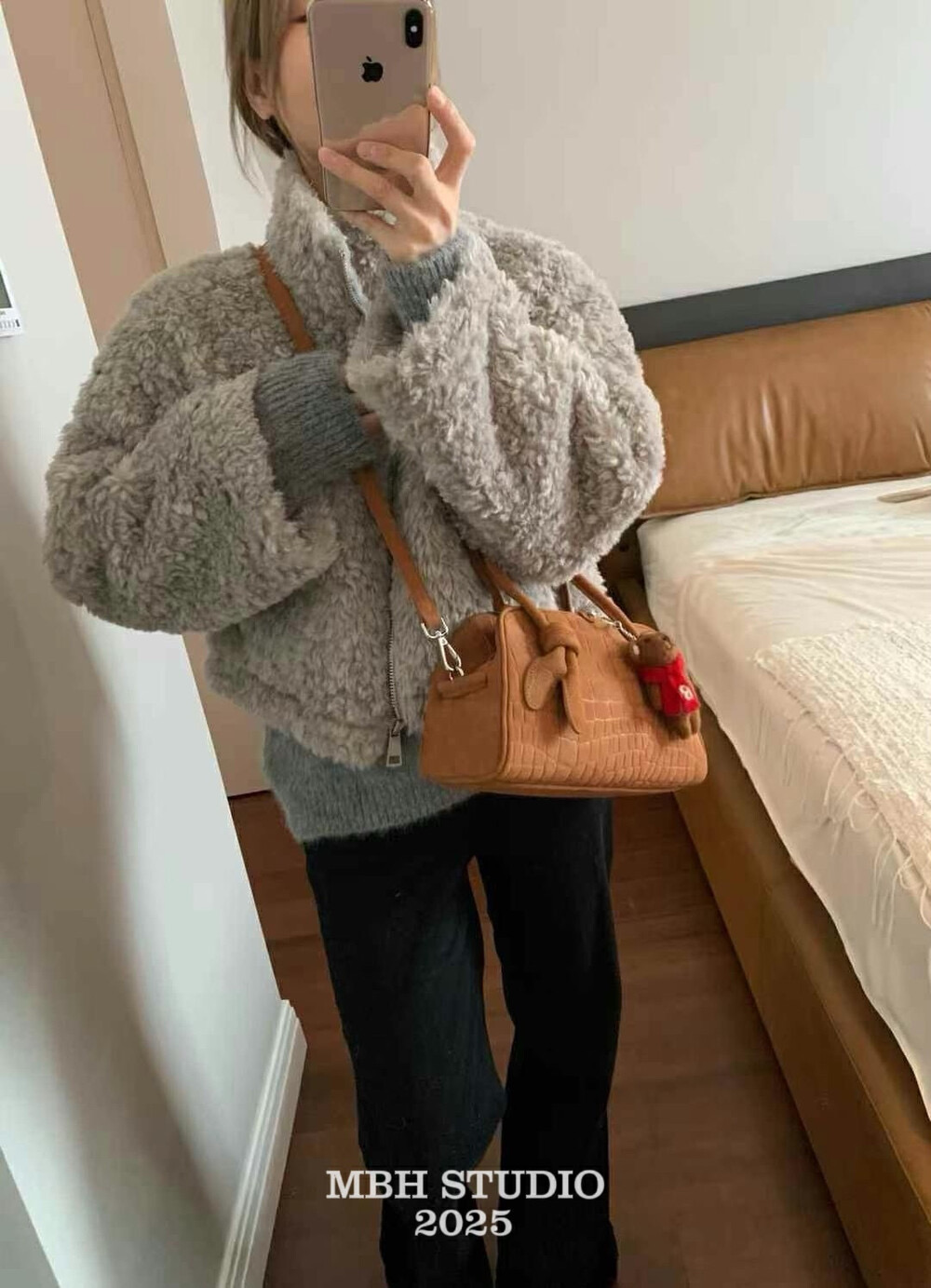 MBH Top Layer Cowhide Suede Shell Shoulder Crossbody Handbag with Strap