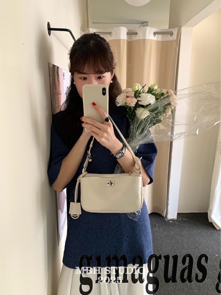 MBH Top Layer Cowhide Kelly Bag Real Leather Lock Small Square Crossbody Shoulder Bag with Strap and Charm