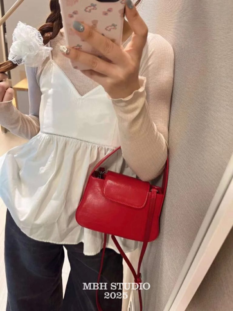 MBH Korean Blogger Style Cowhide Top Handle Flap Square Bag with Magnetic Closure Crossbody Handbag with Shoulder Strap