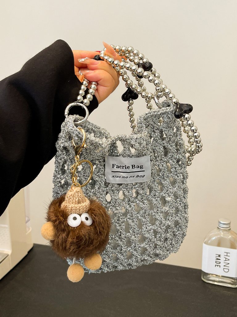 Handmade Crochet Silver Thread Crossbody Phone Bag for Women