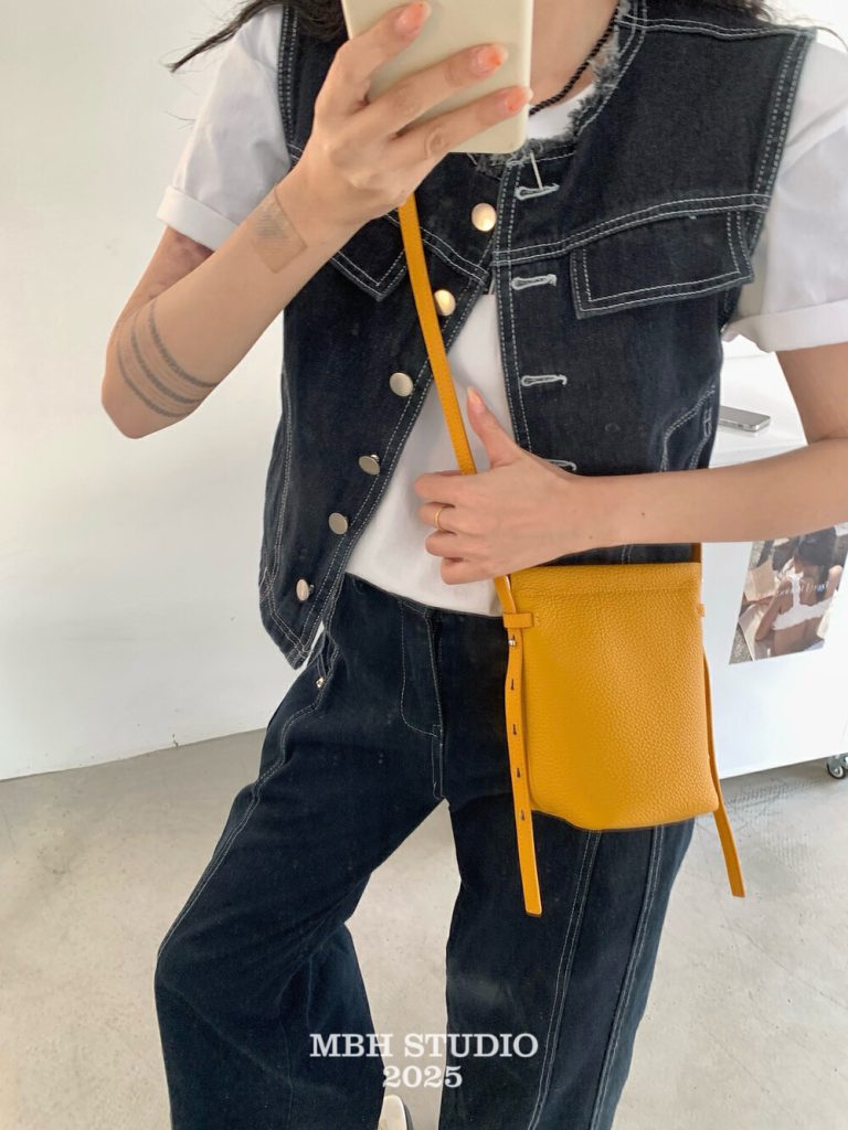 MBH 2025 Summer Candy Color Litchi Grain Top Layer Cowhide Crossbody Phone Bag with Shoulder Strap
